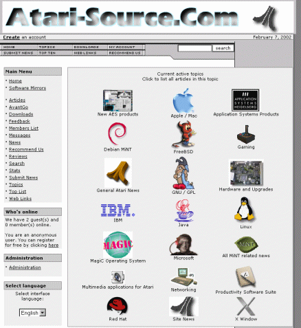 [Screen-shot: Topics section of Atari-Source.com]