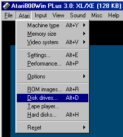 [Screen-shot: Atari800Win PLus menu]