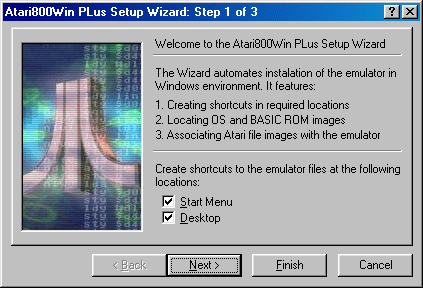[Screen-shot: Atari800Win PLus Wizard Step 1]