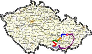 Mapa R s vyznaenou trasou.