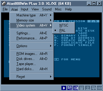[Screen-shot: Selecting a video format in Atari800WinPLus]
