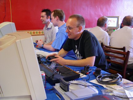 [Photo: Me trying to beat the A.I. of the Atari 10in1 at Tennis]