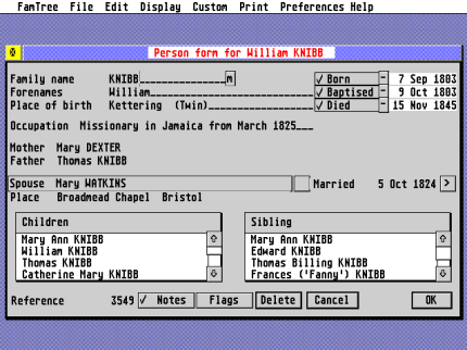 [Screen-shot: William Knibb's person form]