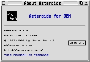 [Screen-shot: Welcome to Asteroids for GEM]
