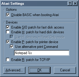 [Screen-shot: Atari Settings in Atari800WinPLus]